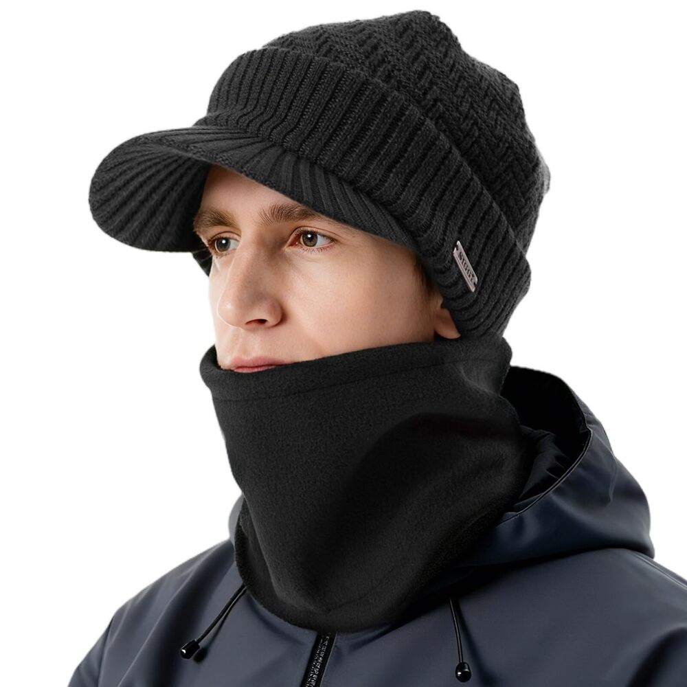 9426 Winter 2 Piece Wool Knit Hat & Scarf Set Visor Beanie Ear Flap Fleece